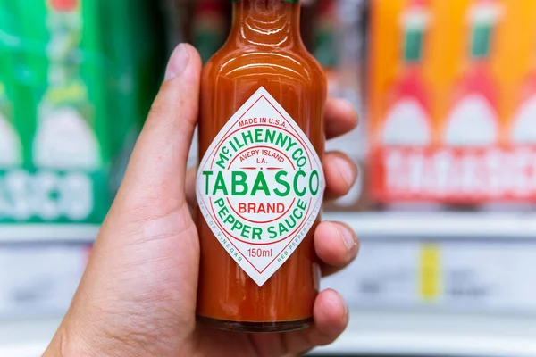 stock image Tyumen, Russia-July 12, 2020: Tabasco sauce bottle of The Original Red sauce, the products in the hypermarket