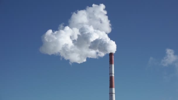 Central eléctrica con tuberías, cielo azul brillante del día soleado, lugar para el texto — Vídeos de Stock