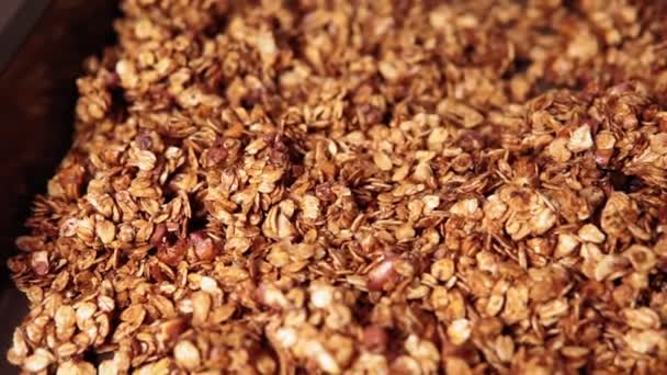 Organisk hjemmelaget granola korn med havremel og mandler. Granola eller muesli av havremel – stockvideo