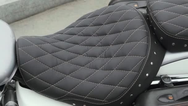 Comfortable Black Leather Seat Embroidered Diamonds Brown Thread Grey Chopper — Stock Video