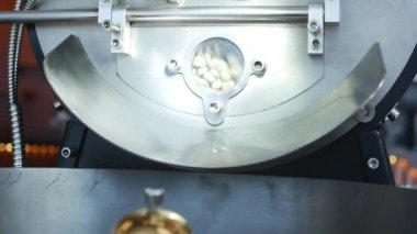 Profesyonel coffeemachine ve çiğ kahve çekirdekleri. Beyaz kahve çekirdekleri içinde kahvenin gerçek kahve yapmak için profesyonel bir makine yanmış. Ağır çekim.