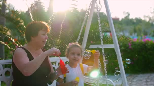 Boldog család mosolyog, nagymama és unokája játszik, szappanbuborék fújás a nyári szabadtéri. Stock Footage. Lassú mozgás. — Stock videók