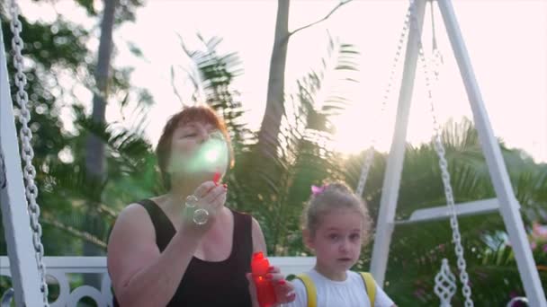 Spokojený úsměv rodina, babička s vnučkou se hraje, foukání mýdlové bubliny v létě venkovní. Stopáže. — Stock video