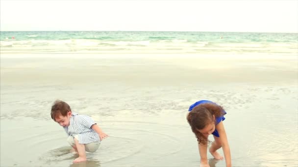 年轻的家庭, 孩子, 兄弟姐妹在海边玩耍。幸福的家庭, 沿着海岸漫步. — 图库视频影像