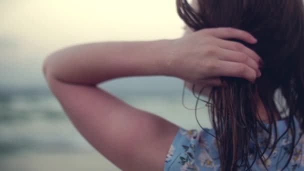 Close up retrato da bela mulher jovem loira bonito europeu ou menina alegre sorrindo olhando para a câmera, correndo a mão através do cabelo soprando no vento na praia tropical, câmera lenta — Vídeo de Stock