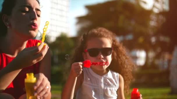 Joyeux maman et enfant soufflant des bulles de savon dans le parc. Au ralenti. Images d'archives. Mouvement lent — Video