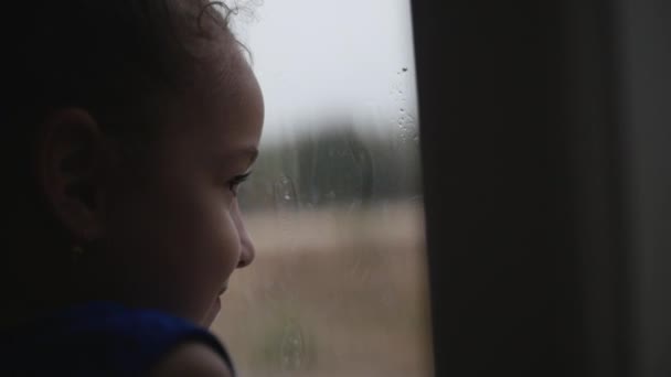 孩子看窗后的雨。库存素材. — 图库视频影像