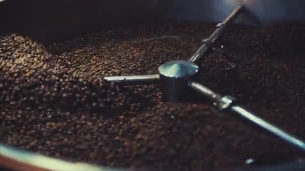Mengen van gebrande koffie. Gedeeltelijke verwijdering van slechte granen. De geroosterde koffiebonen kreeg op de mixer sorteren door een professionele machine. Slow motion. — Stockvideo