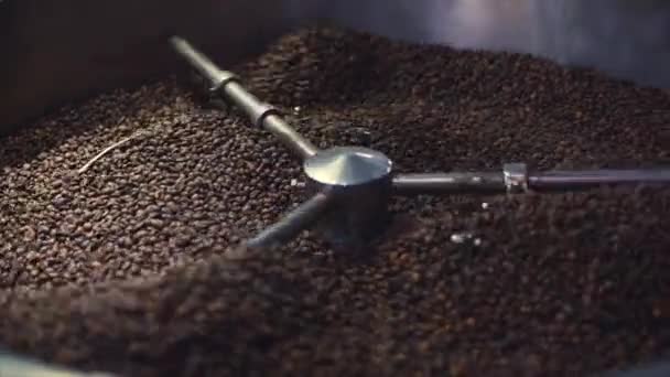 Blandning av rostat kaffe. Partiellt avlägsnande av dåligt korn. De rostade kaffebönorna fick på mixern sortering av en professionell maskin. Slow motion. — Stockvideo