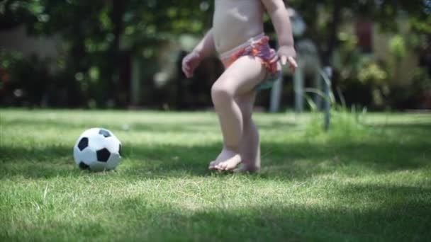 Ein zweijähriger Junge spielt gerne Fußball im Park, rennt und kickt den Ball. — Stockvideo