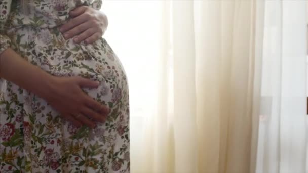 Schwangere Frauen streicheln ihren Bauch Zeitlupe helle natürliche Hintergrundbeleuchtung. — Stockvideo