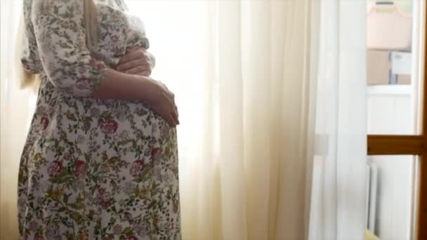 Wanita hamil membelai perutnya gerakan lambat cahaya latar alam cerah . — Stok Video