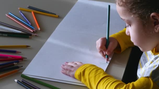 Menina desenha com lápis de cor. 4K . — Vídeo de Stock