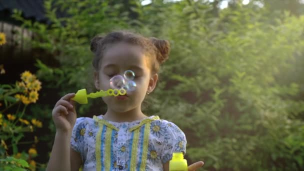 Šťastné dítě fouká mýdlové bubliny v parku. Zpomalený pohyb. Stopáže. — Stock video