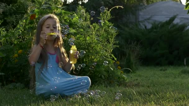Movimento lento de uma menina caucasiana feliz soprando bolhas de sabão em um dia ensolarado. Conceito infância feliz ou jogos infantis na natureza . — Vídeo de Stock