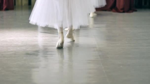 Ballet. Las niñas piernas en zapatos de ballet blanco durante el entrenamiento de ballet. Elemento de la danza clásica . — Vídeos de Stock