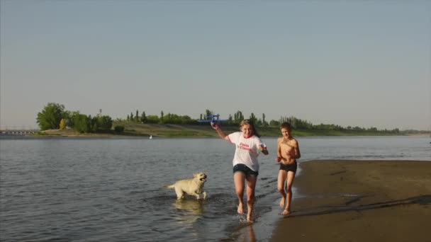 Infanzia felice e senza pensieri. I bambini giocano con un cane, corrono lungo la sabbia, ridere, giocare sul fiume, lanciare un aeroplano giocattolo . — Video Stock