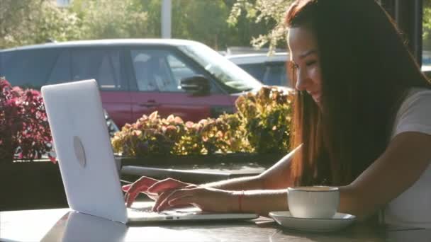 Молоді, щасливі приваблива жінка, насолоджуючись чашкою кави в кафе, набравши в ноутбуку. — стокове відео