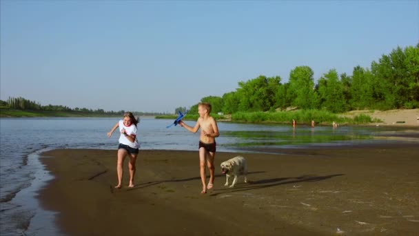 Infancia feliz y despreocupada. Los niños juegan con un perro, corren a lo largo de la arena, ríen, juegan en el río, lanzan un avión de juguete . — Vídeo de stock