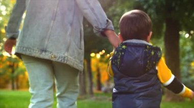 Mutlu bir aile kavramı. Mutlu anne ve oğlu el ele, çalıştırmak, sonbahar orman parkta temiz havada oynamak.