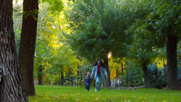 Mutlu bir aile kavramı. Mutlu anne ve oğlu el ele, çalıştırmak, sonbahar orman parkta temiz havada oynamak. — Stok video