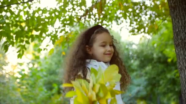 Piękny modne szczęśliwy uśmiechający się stylowe radosny Europejskiej Little Cute Girl w kamizelkę biała kurtka i długo blondynka kręcone włosy spacery w jesieni Park cieszy się chętnie zagram z jesieni pozostawia, systemem — Wideo stockowe