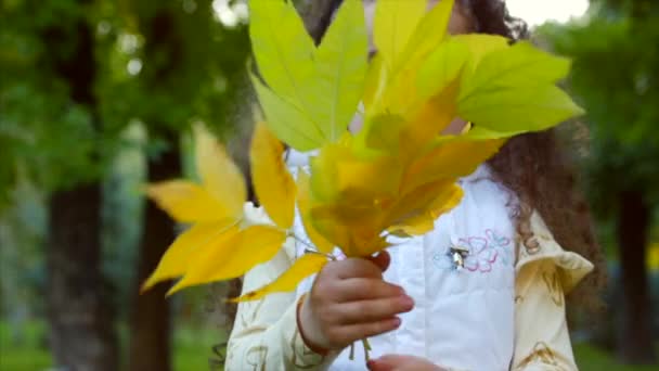 Mooie modieuze gelukkig lachend stijlvolle vreugdevolle Europese schattig meisje in een witte jas Vest en lang blond krullend haar wandelingen in de herfst Park geniet gelukkig spelen met herfst bladeren, uitgevoerd — Stockvideo