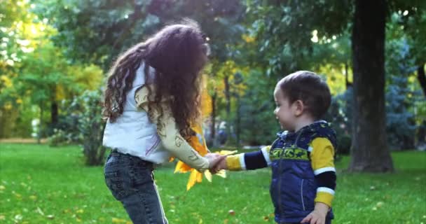 Модные счастливые улыбки стильные веселые европейские маленькие симпатичные брат и сестра весело гуляют по осеннему парку, с удовольствием играют с осенней листвой, мальчик дарит букет листьев любимой — стоковое видео
