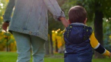 Mutlu bir aile kavramı. Mutlu anne ve oğlu el ele, çalıştırmak, sonbahar orman parkta temiz havada oynamak.