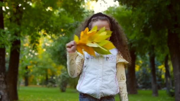 Moda mutlu gülümseyen şık neşeli Avrupa küçük sevimli kız güzel bir beyaz ceket yelek ve uzun sarışın kıvırcık saç yürür Sonbahar Park sahiptir mutlu oynarken ile sonbahar yaprakları, çalışan — Stok video