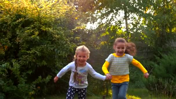 Zwei glückliche hübsche kleine Mädchen, die sich an der frischen Luft an den Händen halten und spielen. — Stockvideo