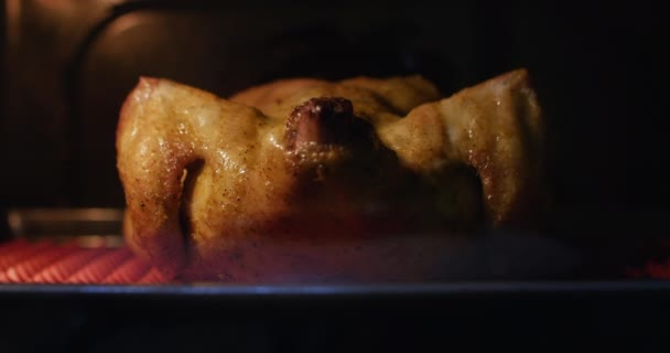 Προετοιμασία Ολόκληρο Τηγανητό Τραγανό Κοτόπουλο Μπαχαρικά Στο Φούρνο Μαγειρεμένα Μια — Αρχείο Βίντεο