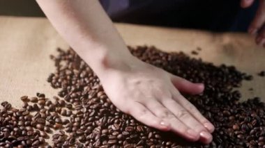 Kahve çekirdekleri. Eller kahve çekirdekleri dağınık. Kadın el kahve çekirdekleri dokun. Tahıl kalitesini kahve sinek içinde kavrulmuş. 4k.