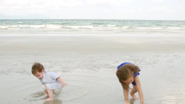 La jeune famille, les enfants, le frère et la sœur jouent près de la côte océanique. Joyeux famille, marchant le long du littoral . — Video