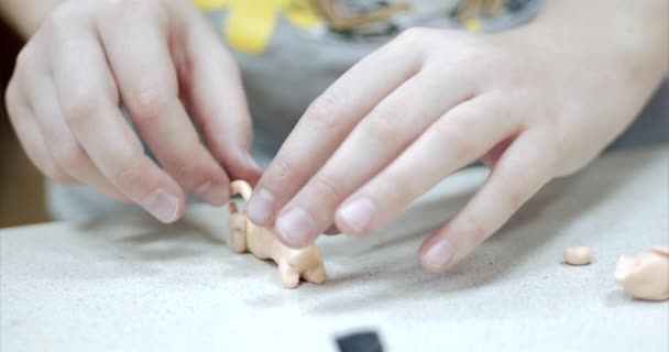 Sevimli küçük çocuklar masa başında oturan Sculpts farklı rakamları renkli modelleme hamuru odasında yapılmış. Modelleme çocuklarda sanatı gelişimi. — Stok video