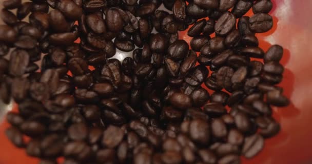 Premium kaffe bönor efter rostning, Ground i en kaffekvarn. Stockbilder. Koncept start dagen med kaffe. — Stockvideo