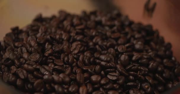 Premium kaffe bönor efter rostning, Ground i en kaffekvarn. Stockbilder. Koncept start dagen med kaffe. — Stockvideo