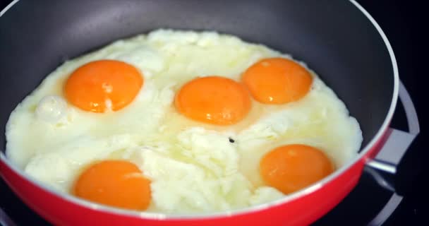 Kocken förbereder stekning ägg, Cook i smör, kryddat med salt och svart peppar och grön lök i en liten röd kastrull. Begreppet hälsosam kost. — Stockvideo