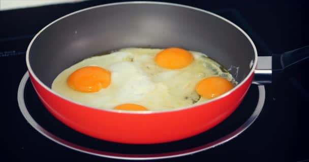 Шеф готує яйця смаження, варити в маслі, приправлений сіллю і чорним перцем і зеленим цибулею в невеликій червоній сковороді. Концепція здорового харчування. — стокове відео