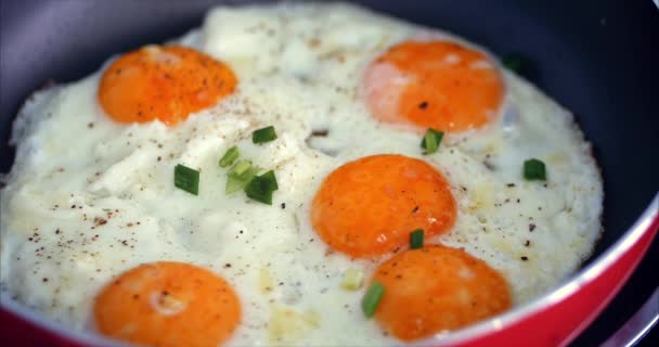 The Chef Prepares Frying Eggs, Cook in Butter, Seasoned With Salt and Black Pepper and Green Onions in a Small Red Pan. Concept of Healthy Eating. — Stock Video