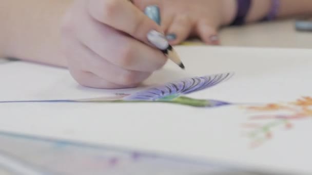 Young Hands of the Artist, Woman Artist Paints a Canvas with Graphite Pencils, Sitting a Ttable and Draw on Canvas (dalam bahasa Inggris). Process of Drawing: in Artists Art Studio Hand Girl Sketching on Canvas.Shot Close-up — Stok Video