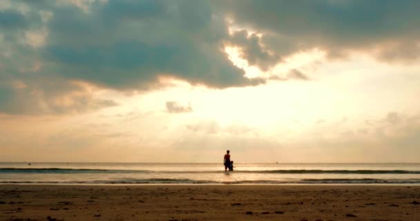 Счастливое дитя, держащееся за руку своего отца, идущего у моря. Семейная прогулка на фоне закатного неба. Силуэты мальчишки и девчонки на даче или на даче. Счастливая семья . — стоковое видео