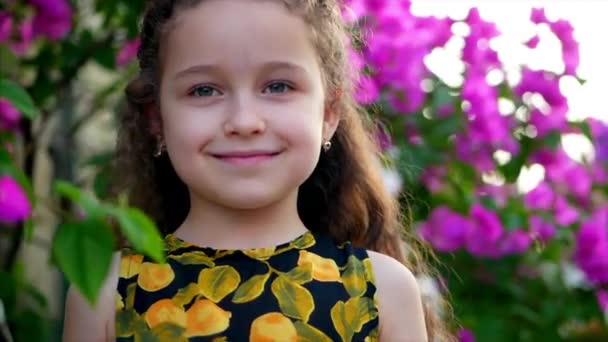 Arruffianati. Ritratto Bella bambina che gira nel parco e sorride. Filmati delle scorte . — Video Stock