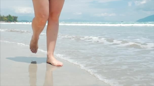 An einem tropischen Strand Nahaufnahme von Frauenbeinen Europäische niedliche Brünette geht unter der heißen Sommersonne entlang der tropischen exotischen Küste, unbeschwertes Mädchen zu Fuß auf dem Sand direkt an den Ozean, Zeitlupe. — Stockvideo