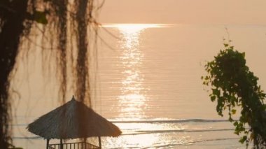 Okyanusun ve Hindistan Cevizi Yapraklarının Arka Planında Tropics'te Güzel Gün Batımı. Tropik Bir Denizde Hindistan Cevizi Palmiye Yaprakları ile Gün Batımı Görünümü. Konsept Tatil, Tatil.