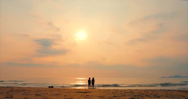 Молодая пара глядя на солнце, против заката, держа руки, идти к морю, романтическая концепция на тропическом фоне . — стоковое видео