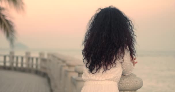 Wonderful Caucasian Woman Looking at Ocean View at Sunset (en inglés). Joven hermosa chica disfrutando de la naturaleza, mirando al océano, disfrutando de la calma de la naturaleza disfrutando de la vida . — Vídeos de Stock