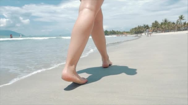 En un primer plano de playa tropical de piernas de mujer morena linda europea va bajo el sol caliente del verano a lo largo de la costa tropical exótica, chica despreocupada caminando en la arena derecho al océano, cámara lenta . — Vídeos de Stock