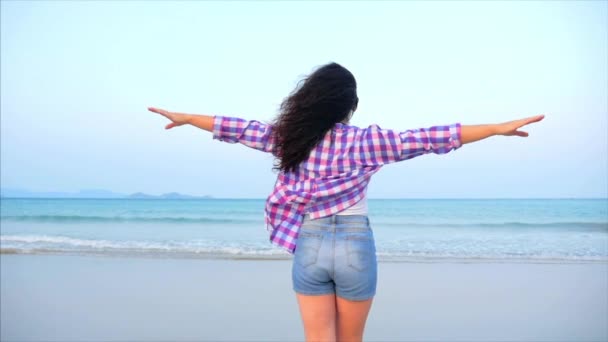 Mujer con los brazos levantados En una playa tropical Primer plano Retrato de Europea Hermosa Linda Morena, Mujer Joven o Chica Alegre levantando los brazos Celebrando la vida Paisaje escénico, Soplando el viento Pelo — Vídeos de Stock