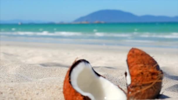 Em uma praia tropical Close-Up um coco, sob o sol quente do verão, é dividido em duas partes ao longo da metade, no fundo o oceano tropical da costa exótica . — Vídeo de Stock